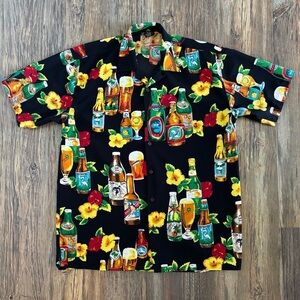 Canopy Hawaiian Tropical Shirt Mens M Black Beer Adult Beverages Hibiscus Beach